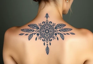 shaman symbols and mandalas and feathers wicca witch spiritual and sami culture big whole back tattoo idea