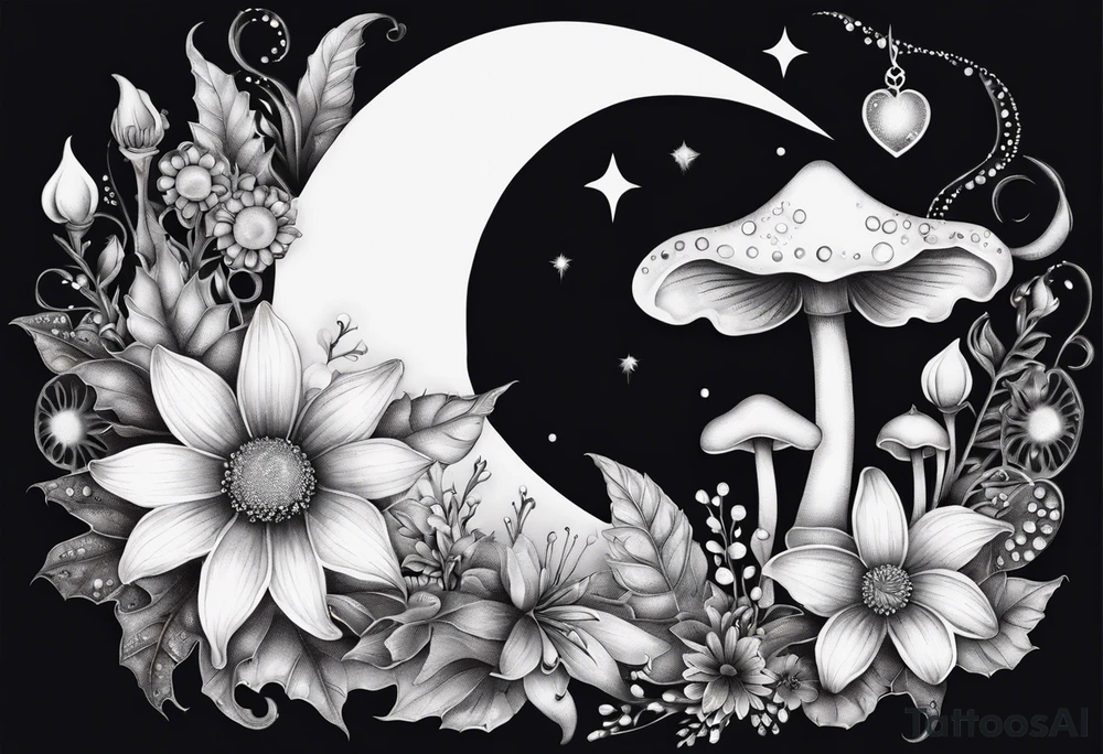 Crescent moon with daisy's, lily’s, crystals, and mushrooms tattoo idea