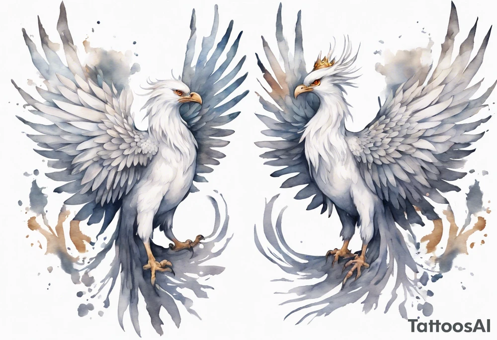 a solitary white phoenix wearing a grey crown tattoo idea