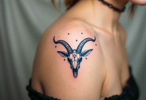 Bold black Capricorn stars arch over a dark navy goat skull, blending astrology and mythology. tattoo idea