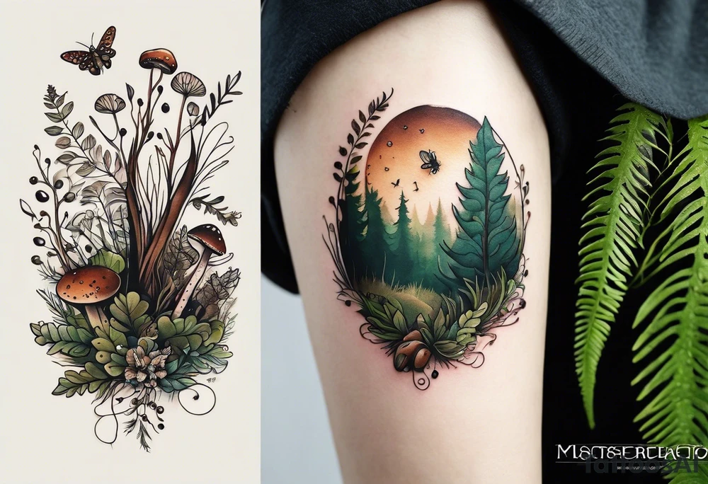 minimalistic forest floor inspired tattoo, which includes grass, moss, curly ferns and dead leaves as the bulk of the tattoo. details to include: forest berries, couple of very small brown mushrooms, a tiny bumblebee flying nearby tattoo idea