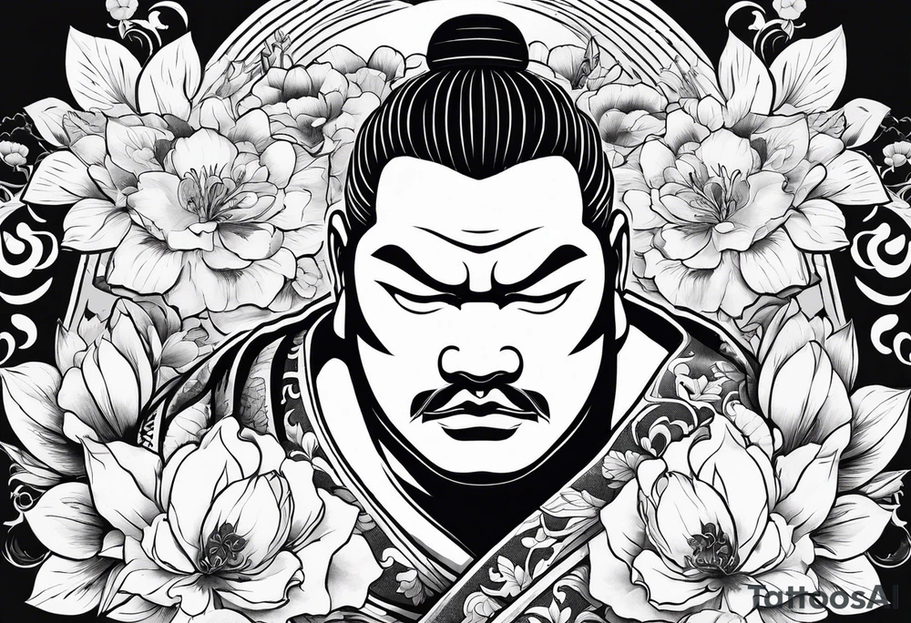 solemn sumo wrestler face with flowers around tattoo idea