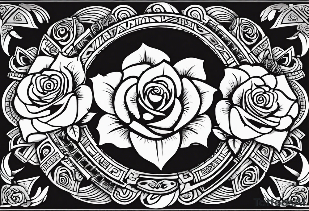 Design a masculine tattoo depicting three delicate rose buds being embraced and protected by 
Aztec weapons. The weapons should include elements such as the macuahuitl (Aztec sword-club)
, arranged in a way that forms a protective circle or embrace around the roses. Carve the entire image as if it were a stone sculpture by an ancient Aztec artist, with the texture resembling intricately detailed stone carvings. The roses should be slightly softer but still stylized in stone, giving the entire tattoo a powerful, yet artistic and ancient feel. Use bold, sharp lines to capture the essence of Aztec craftsmanship

Historically accurate tattoo idea