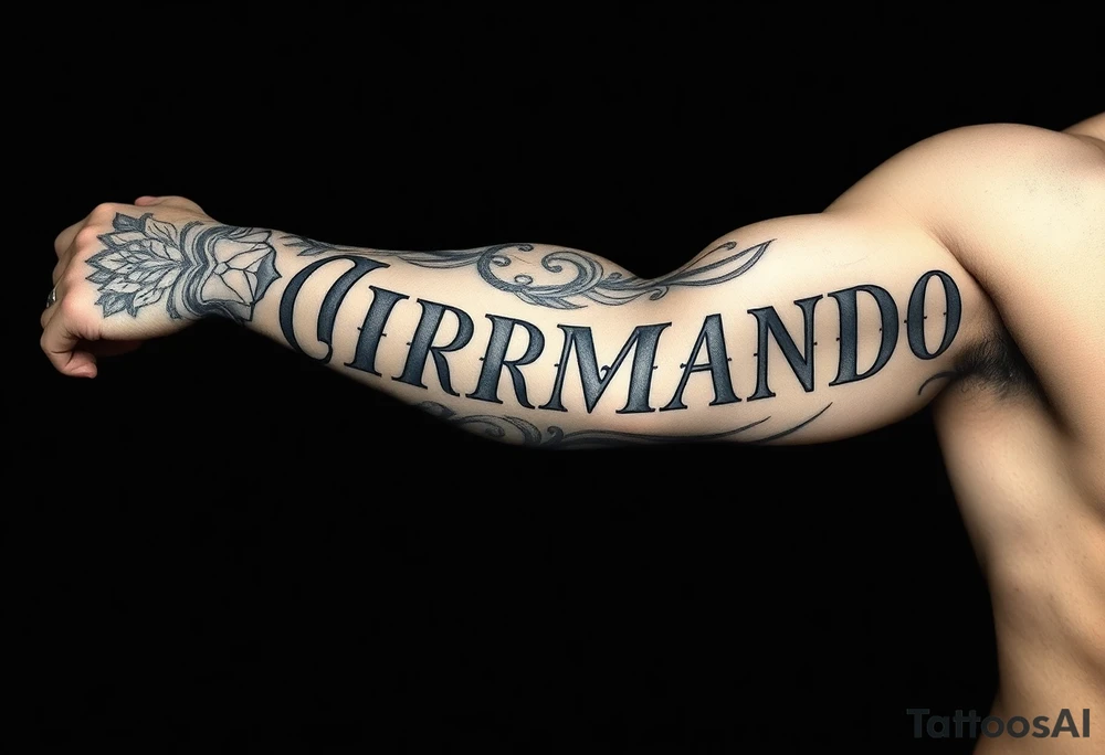 Make a tattoo that is on the left arm sleeve with Christianity and make big letters of Armando and then regular size letters with the name Kassie Brooke AJ Nova-Lee Ava-Lynn tattoo idea