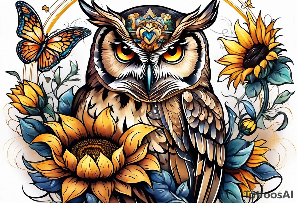 Owl with angel wings surrounded by sunflowers and butterflies sleeve tattoo idea