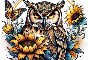 Owl with angel wings surrounded by sunflowers and butterflies sleeve tattoo idea