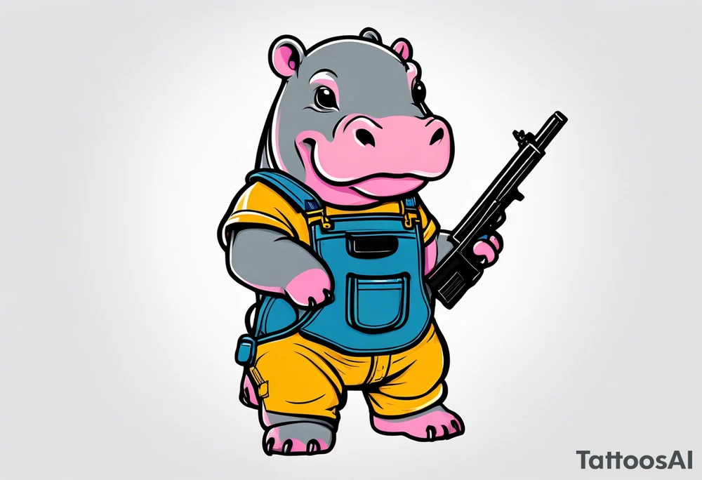 Baby hippo wearing overalls and holding a gun tattoo idea
