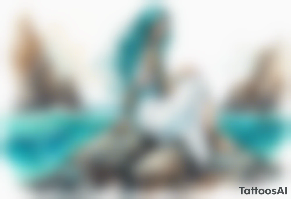 An undine with turquois scales wearing a white robe, sitting on rocks by the ocean tattoo idea