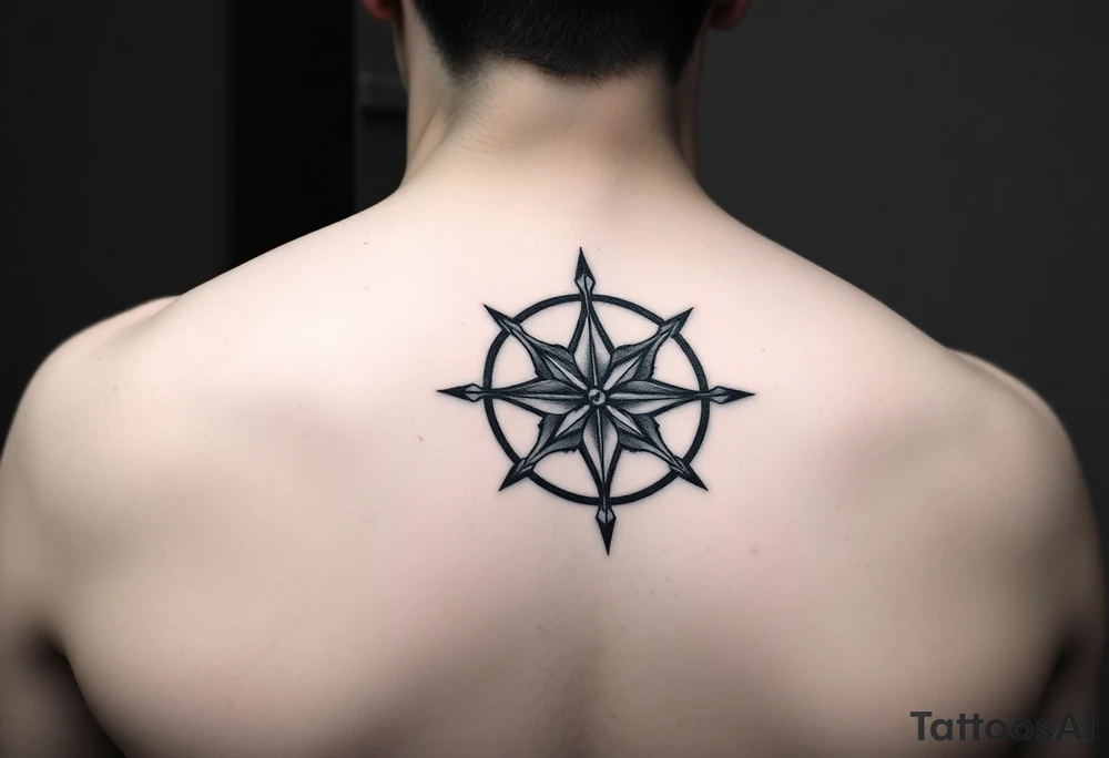 intricate compass rose on upper right back shoulder of a man. black and white. tattoo idea
