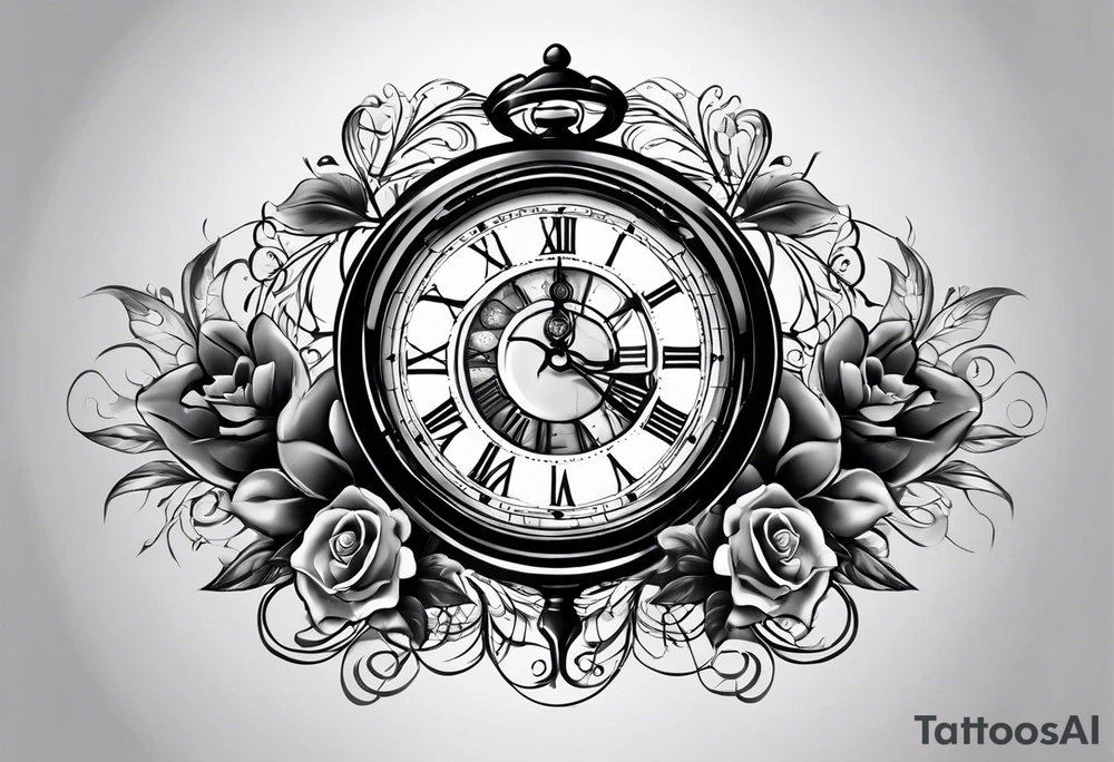 Draw me a tattoo located on the shoulder and upper arm of a man. The tattoo represents a clock and  an hourglass with Roman numerals in the background. It is a symbol of the passing of time. tattoo idea