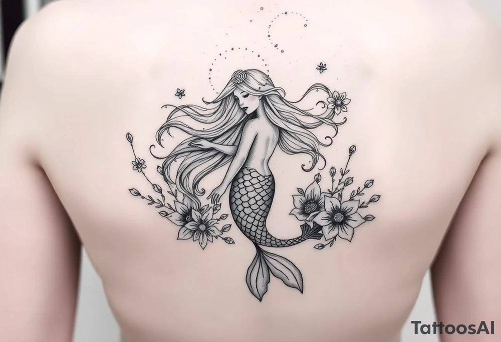 ethereal mermaid with flowing hair among coral and sea flowers tattoo idea