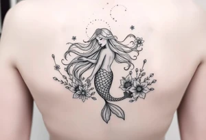 ethereal mermaid with flowing hair among coral and sea flowers tattoo idea