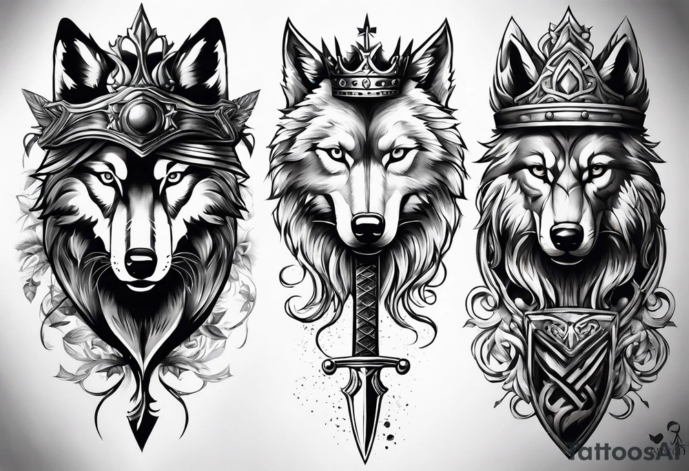 Create a vision of arm tattoo sleeve with combination of sword, crown, tree and three wolves to represent clients family roots tattoo idea