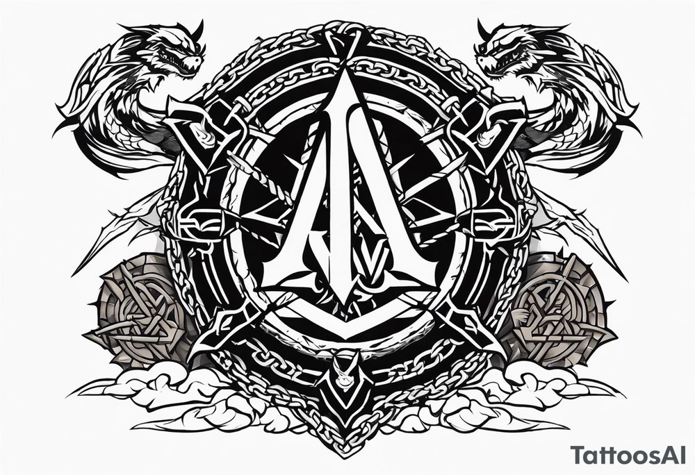 Valhalla sword shield dragon axe Valknut barbed wire chains fire tattoo idea Valhalla sword shield dragon axe Valknut barbed wire chains fire tattoo idea