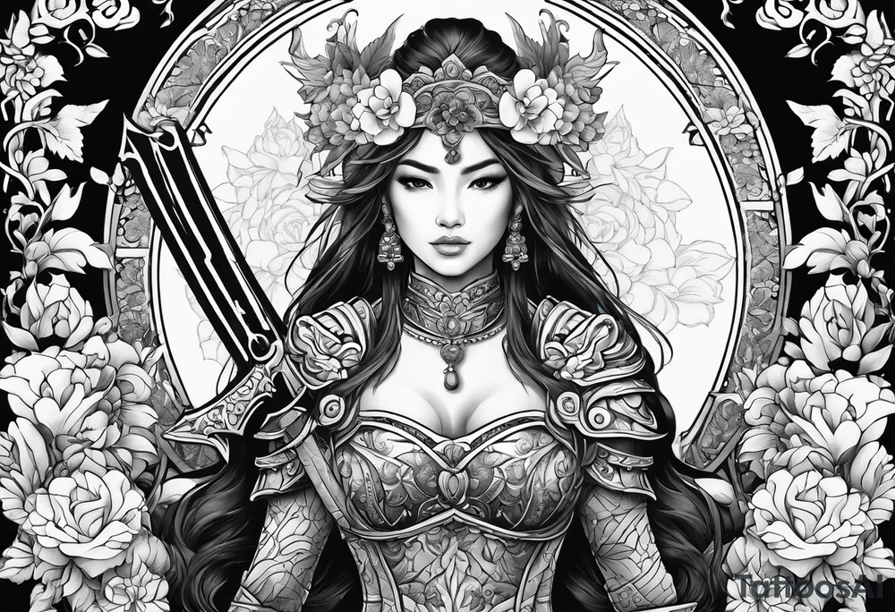 ornate beautiful woman warrior with weapon & floral arch background tattoo from head to torso tattoo idea