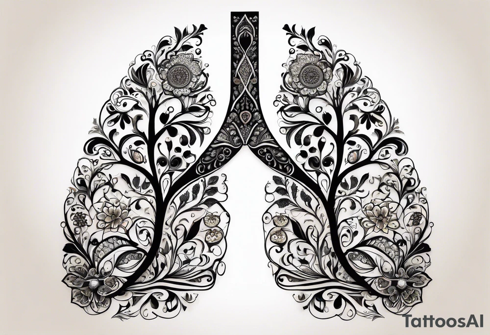 intricate and artistic arrangement of flowers and ornamental patterns that come together to form the shape of human lungs. The design should have a balance of delicacy and detail, with vibrant floral elements seamlessly intertwining to mimic the structure of the lungs, including the bronchi branching into floral motifs. Incorporate subtle shading and depth to give the tattoo a dynamic and organic feel, while maintaining elegance and symmetry, embraced by an octopus and butterflies flying around tattoo idea