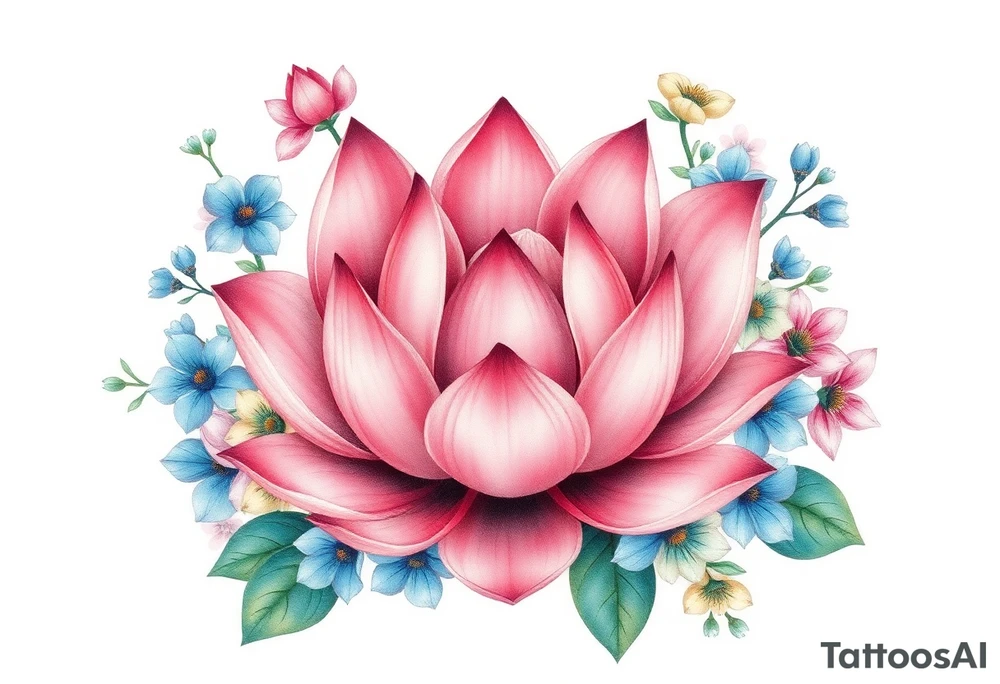 Lotus flower surrounded by forget me nots and peonies tattoo idea