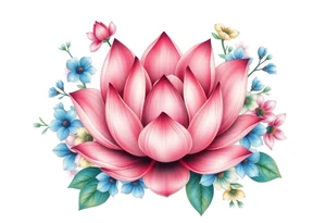 Lotus flower surrounded by forget me nots and peonies tattoo idea