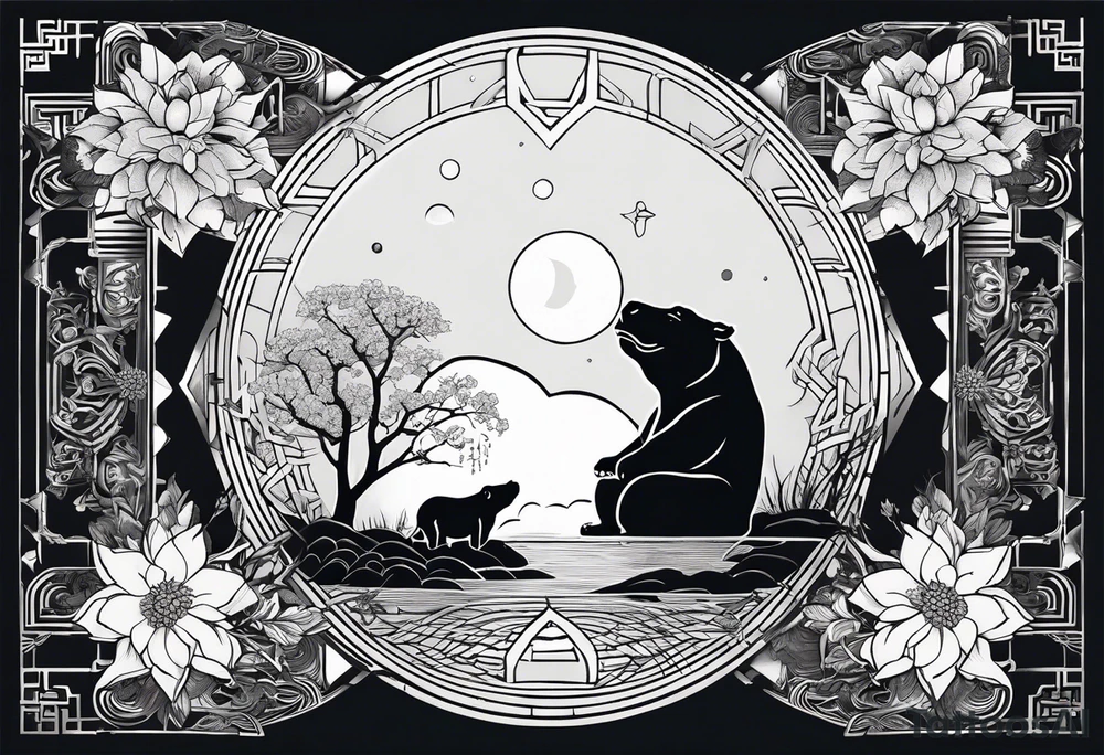 Very asymmetrical, +geometric pattern, with realistic full moon, with seeious looking hippo, +zen feel, + Buddhism touch, +tribal, +geometric
with wintersweet flower bud, +portrait orientation, +inkart touch, tattoo idea