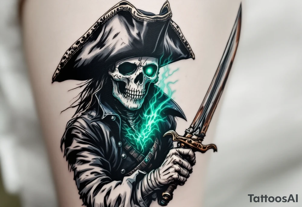 Ghost Captain’s Curse – A skeletal pirate captain with a tattered black tricorn hat and a rotting navy coat, gripping a rusty cutlass. His hollow eye sockets with an mist, and a ghostly green aura swirls around him. tattoo idea