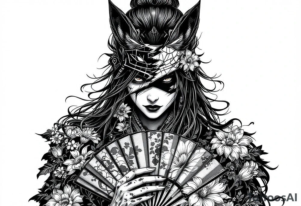 Samurai woman wearing an half and broken kitsune's mask on her hair and holding a fan with irises flowers tattoo idea