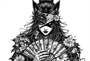 Samurai woman wearing an half and broken kitsune's mask on her hair and holding a fan with irises flowers tattoo idea