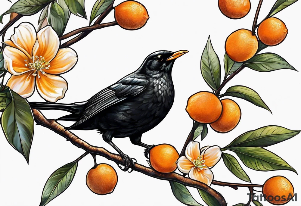 blackbird leaving on an orange blossom branch with its wings up tattoo idea