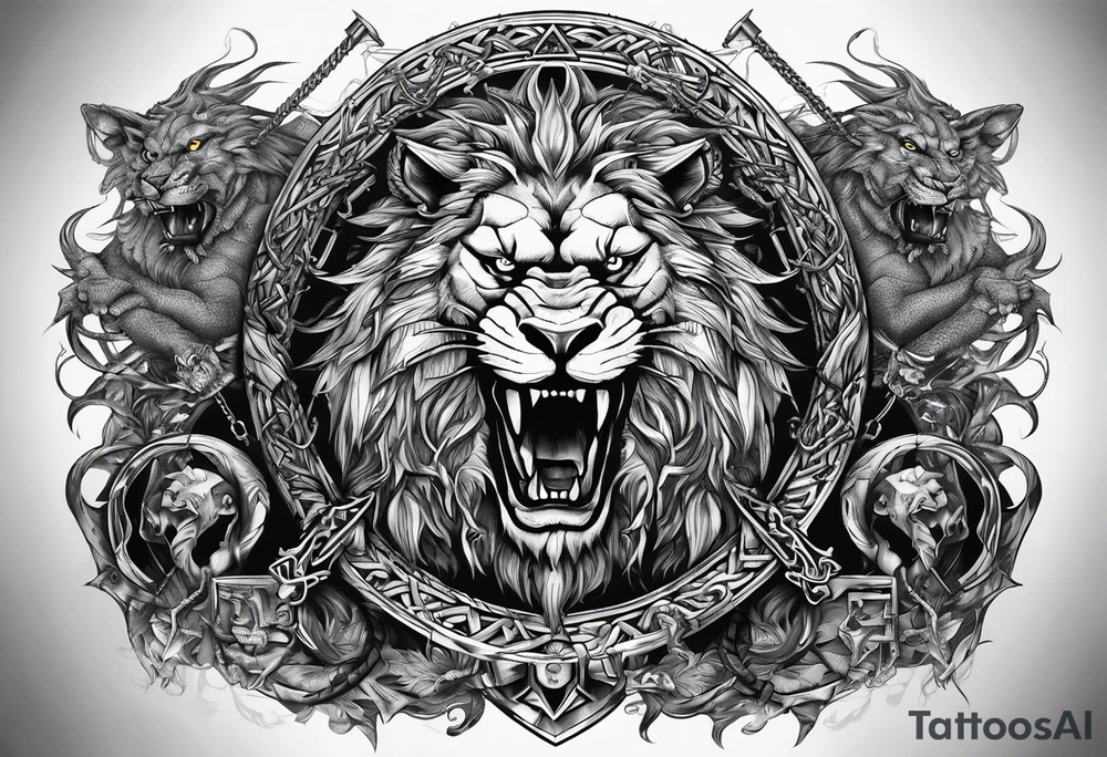 Valhalla sword shield  axe lion dragon 
Valknut barbed wire chains tattoo idea