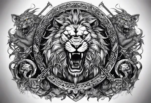 Valhalla sword shield  axe lion dragon 
Valknut barbed wire chains tattoo idea