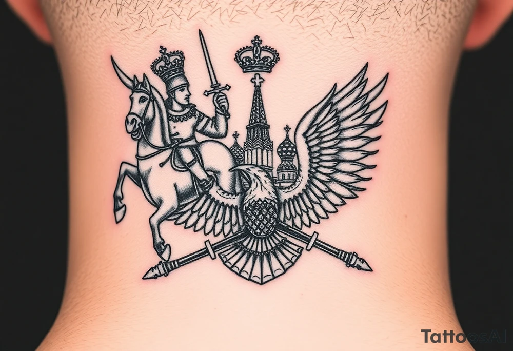St. George slaying the dragon (hugely common in Russian Orthodox art)
Russian imperial crown above the eagle
Crossed swords or a Russian sabre
The Kremlin or St. Basil's Cathedral scene tattoo idea