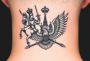 St. George slaying the dragon (hugely common in Russian Orthodox art)
Russian imperial crown above the eagle
Crossed swords or a Russian sabre
The Kremlin or St. Basil's Cathedral scene tattoo idea