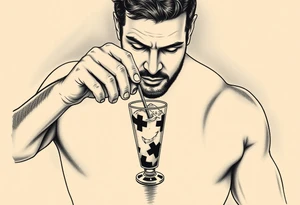 A bartender preparing a cocktail in a shaker, only it is a molotov cocktail. Ideally I would like the bartender to have Gaetano Bresci's face. It should be drawn in an old school style. tattoo idea