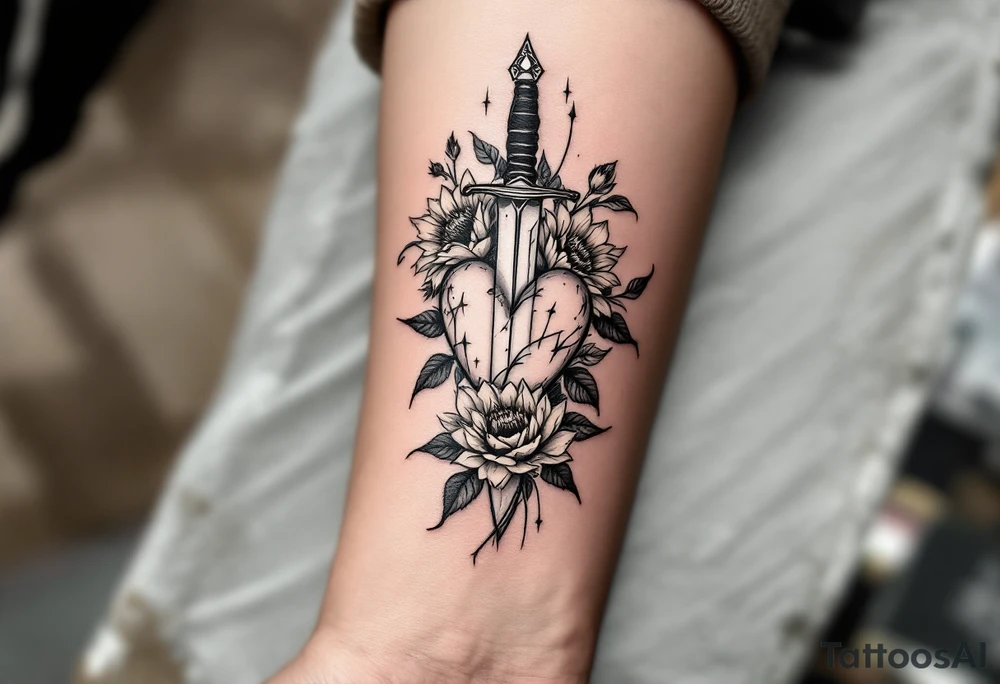 dagger piercing a heart with roses and sunflowers tattoo idea dagger piercing a heart with roses and sunflowers tattoo idea