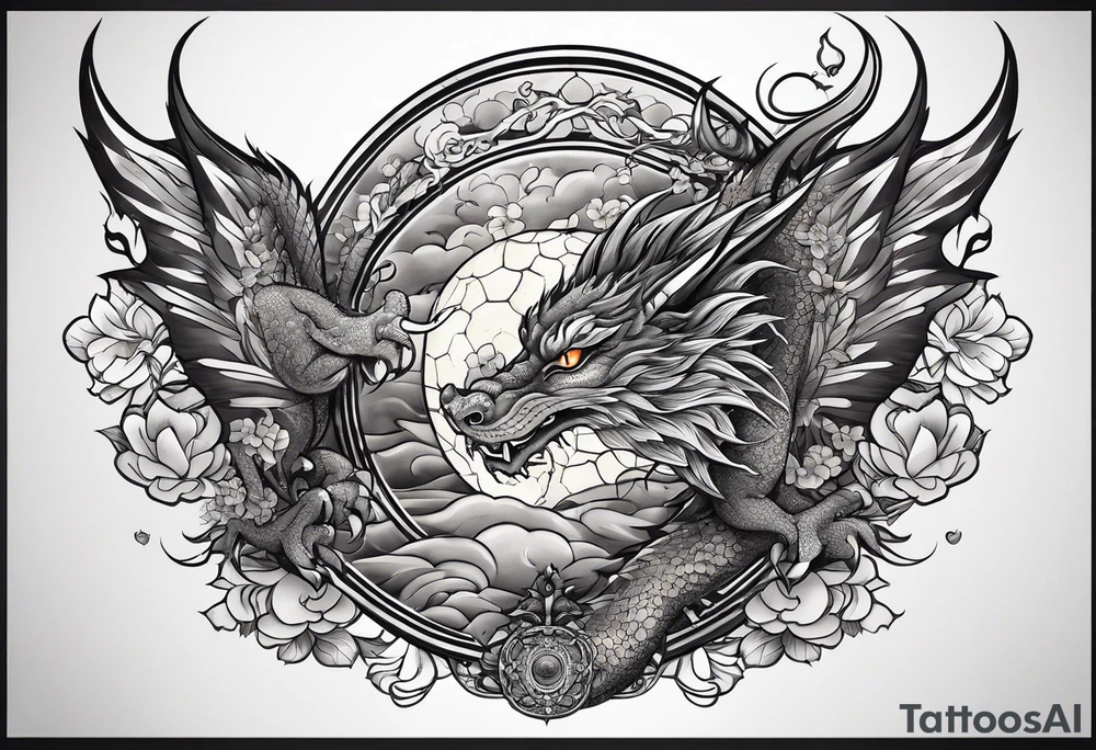 long horizontal tattoo with dragon and a cat tattoo idea