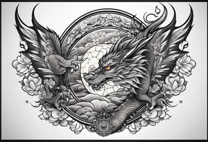 long horizontal tattoo with dragon and a cat tattoo idea