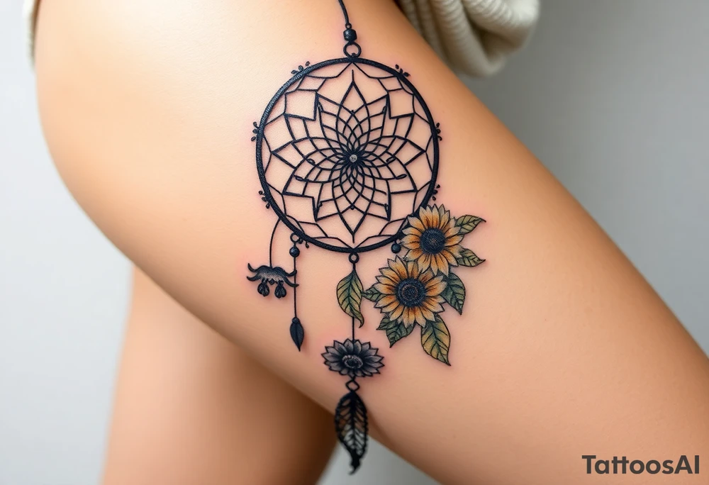 Dreamcatcher with zodiac symbols and protection runes caught in it with tigerlillies roses and sunflowers tattoo idea