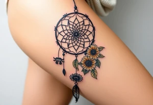 Dreamcatcher with zodiac symbols and protection runes caught in it with tigerlillies roses and sunflowers tattoo idea