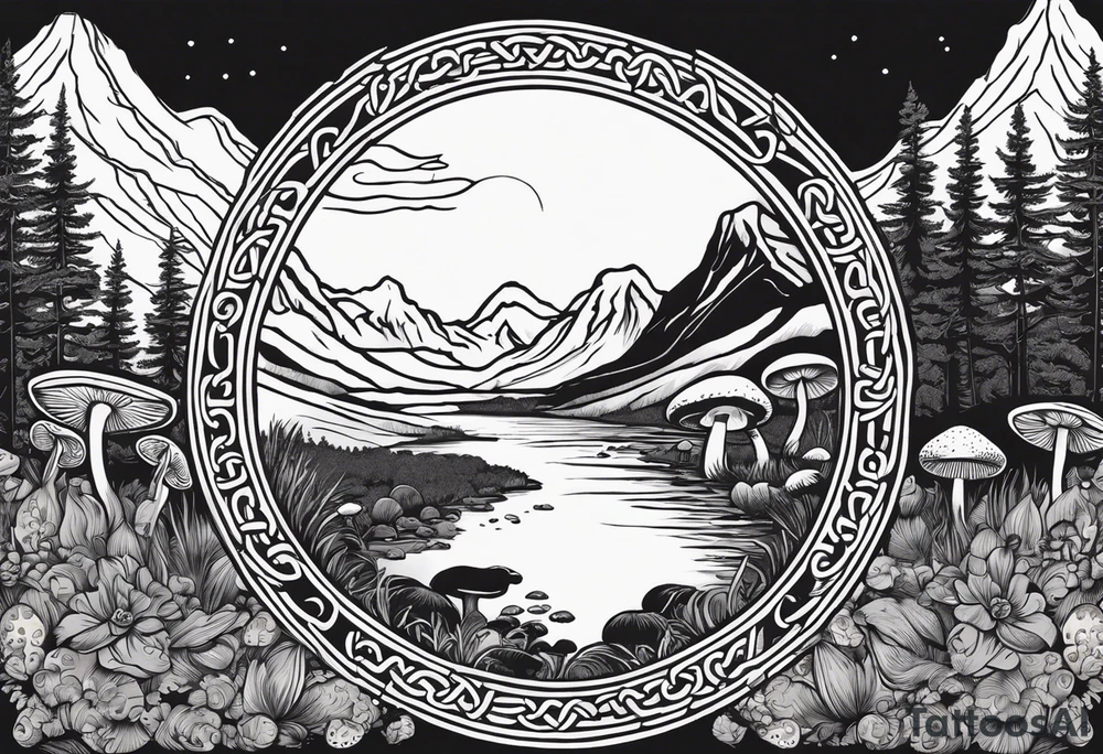 Whole picture encircled fully

Straight long blonde hair hippie girl in distance holding mushrooms in hand facing away toward mountains and creek surrounded by mushrooms long sleeve shirt and hiking pants; whole rendering within a full celtic circle border, no cut off circle tattoo idea