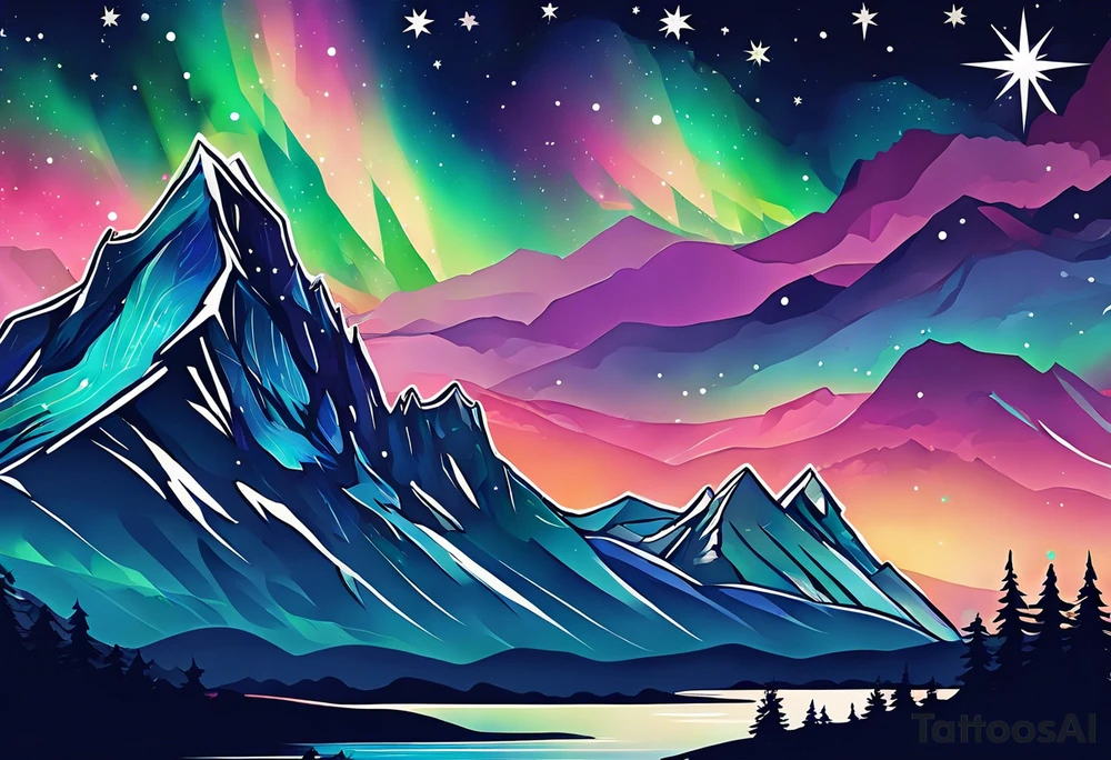Aurora borealis with mountain and stars tattoo idea