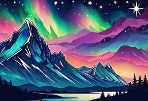 Aurora borealis with mountain and stars tattoo idea