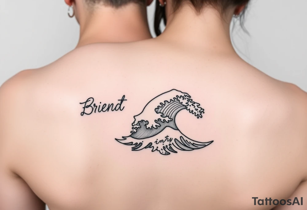 Best friend matching fine line black and white tattoo with a wave. Feminine. Symbolizing long term friendship withholding many triumphs and tribulations, resilience, strength, and loyalty. Maybe words or quotes tattoo idea