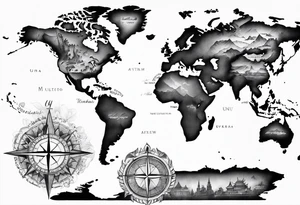 travel, world map, leg tattoo tattoo idea