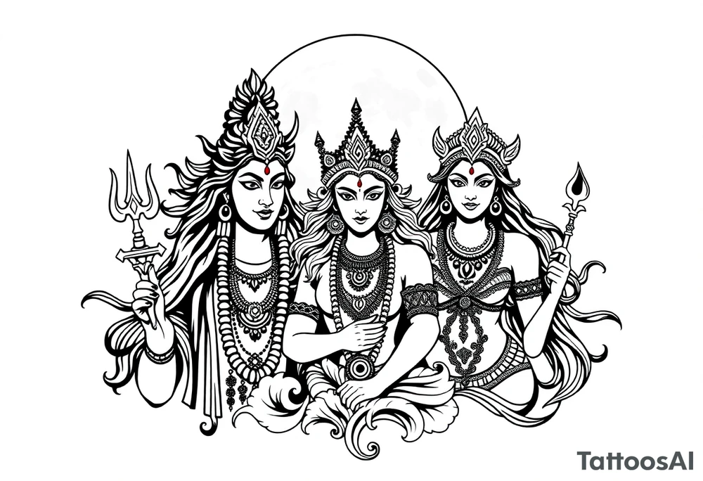 Lord Shiva, Godess Kali, Godess Lilith Together with the moon in the background tattoo idea