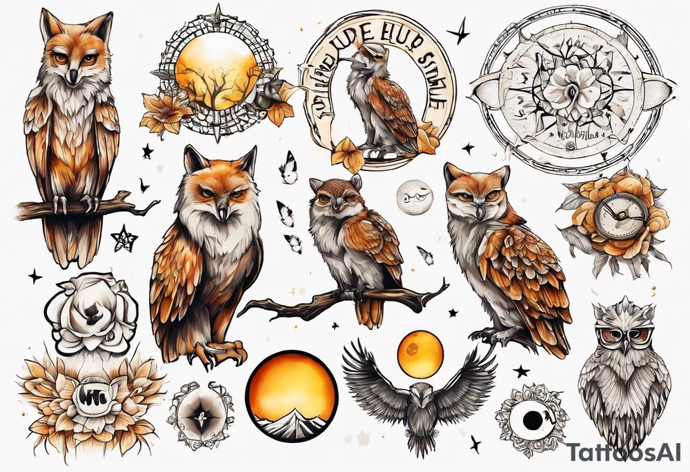 halb 
Fuchs halb Eule unter der Sonne mit dem Schriftzug Sapere Aude tattoo idea