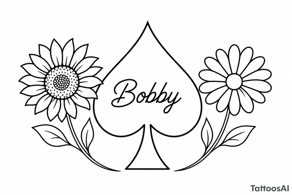 Bobby middle center inside the middle of the spade with a sunflower and a daisy on each side of the spade very super extremely traceable to trace onto notebook paper, very super extremely easy and simple traceable tracing black and white outlining outline coloring pages very super extremely traceable to trace onto notebook paper tattoo idea
