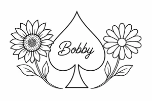 Bobby middle center inside the middle of the spade with a sunflower and a daisy on each side of the spade very super extremely traceable to trace onto notebook paper, very super extremely easy and simple traceable tracing black and white outlining outline coloring pages very super extremely traceable to trace onto notebook paper tattoo idea