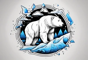 arm tattoo of weather and a little muscular polar bear and ice berg and some nature make colors primary black and white with a little blue tattoo idea