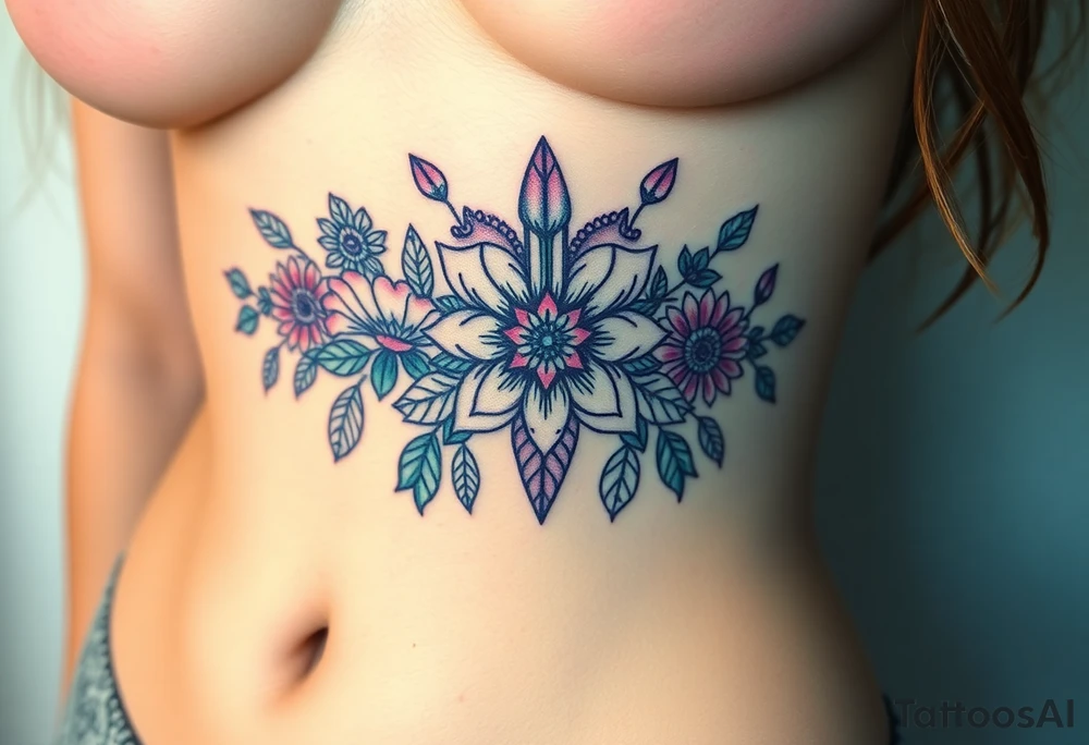 Boho  tattoo with crystals and  mandala style flowers and mushrooms under breast tattoo idea