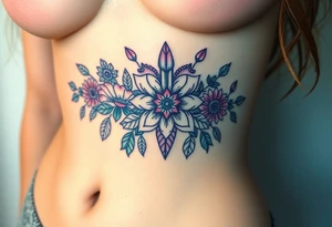 Boho  tattoo with crystals and  mandala style flowers and mushrooms under breast tattoo idea
