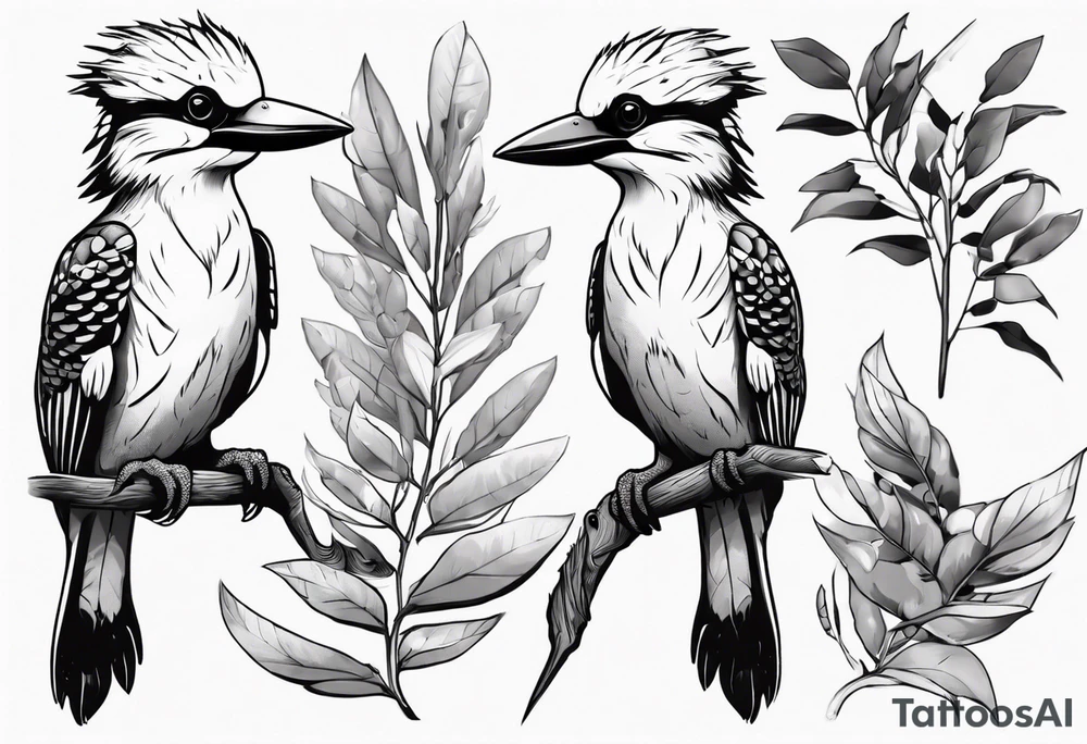 Cartoon kookaburra sitting on wattle and eucalyptus leaves tattoo idea